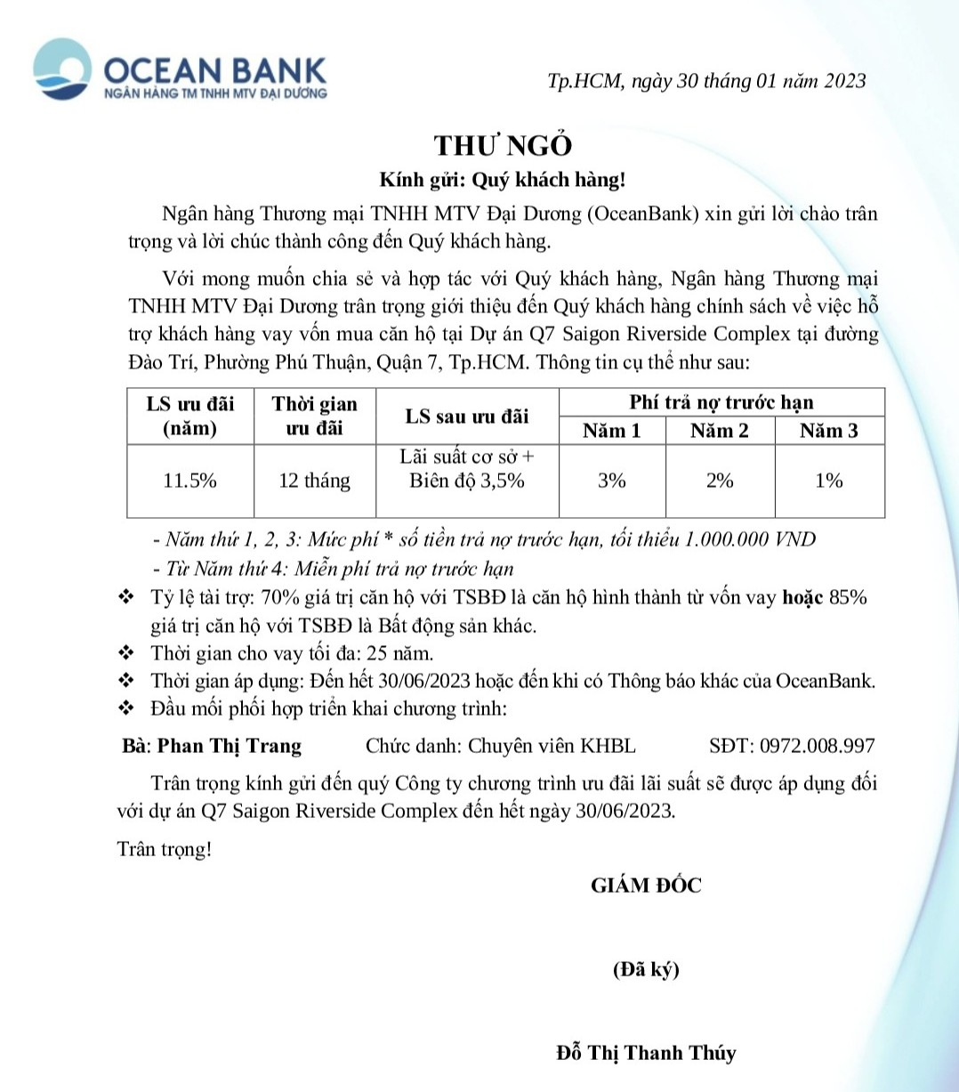 Ngân hàng Ocean Bank chính thức cho vay dự án Q7 SaiGon Riverside năm 2023