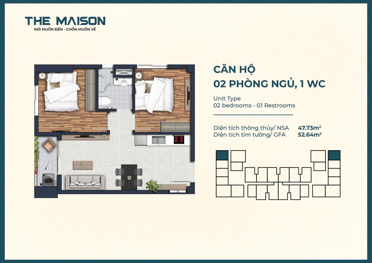The Maison Bình Dương mặt bằng thiết kế căn hộ 52m2