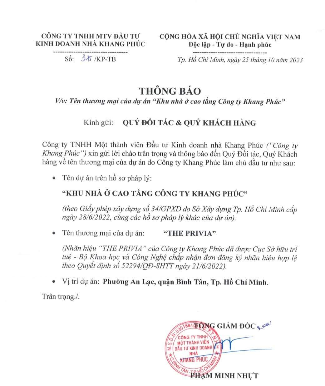 Thông báo tên thương mại của dự án The Privia - Khang Phúc 