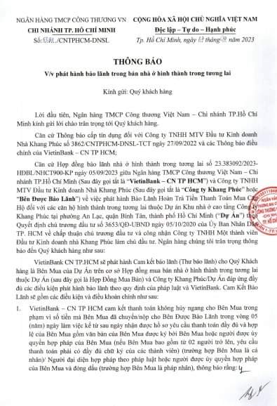 The Privia đã được ngân hàng Công Thương Việt Nam (Vietinbank - Chi Nhánh 11) phát hành bảo lãnh bán nhà ở hình thành trong tương lai.