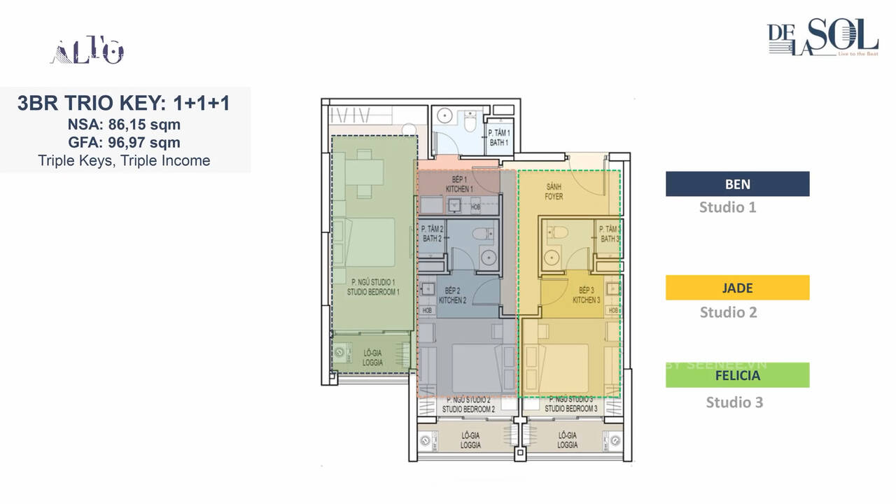 Thiết kế căn hộ 3 BR TRIO KEY De la Sol Quận 4