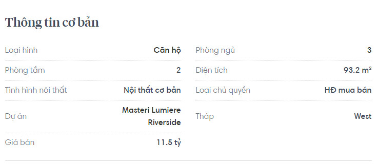 Giá bán Căn hộ Masteri Lumiere Riverside 3 phòng ngủ