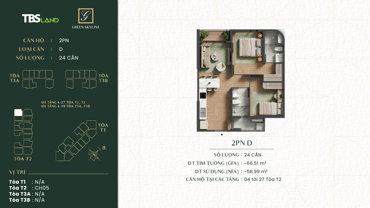 Mẫu căn hộ 2 phòng ngủ dự án Green Skyline