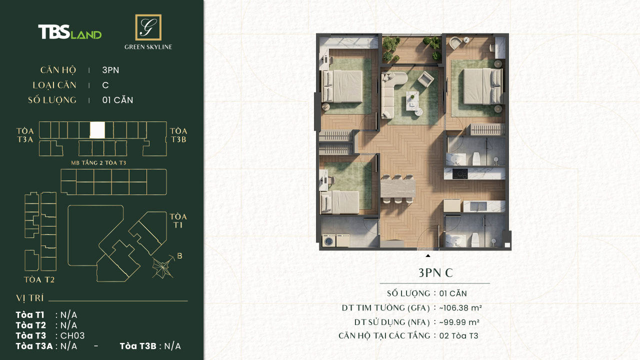 Mẫu căn hộ 3 phòng ngủ dự án Green Skyline